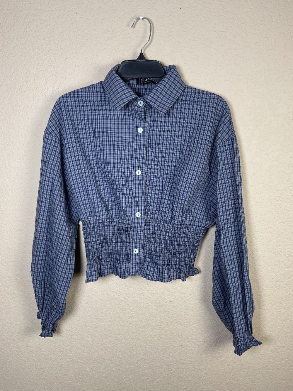 Cider Womens Medium Blue Plaid Smoked Waist Button-Down Shirt Fitted Waist NWT